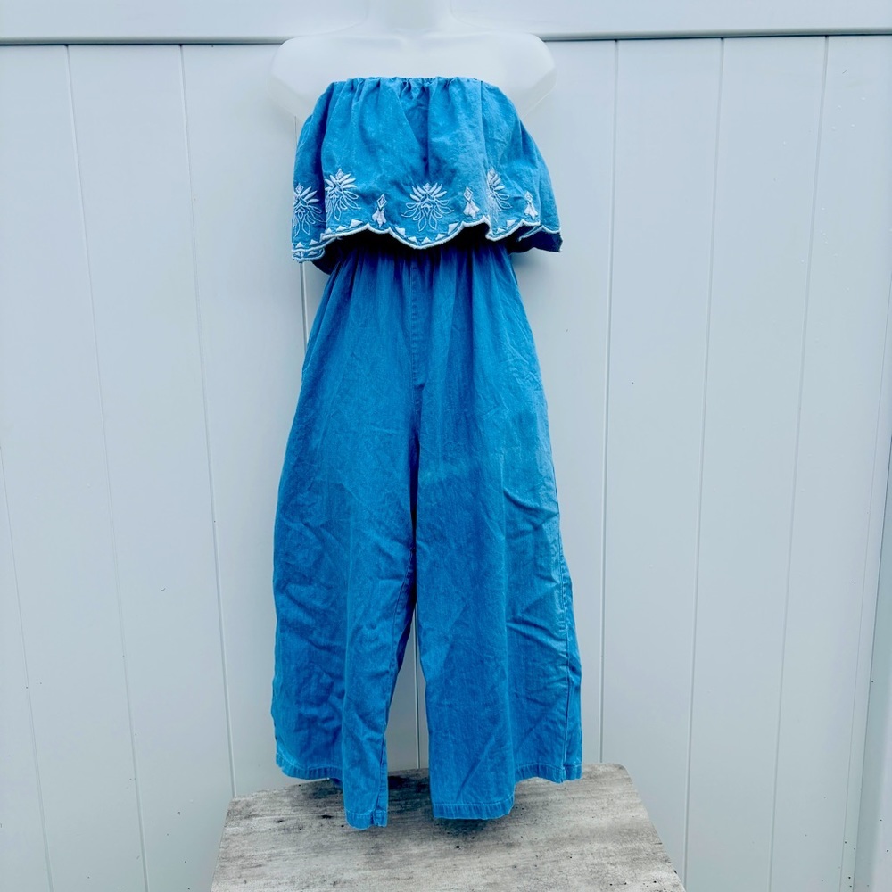 Jessica Simpson Strapless Denim Chambray Jumpsuit Embroidered Wideleg